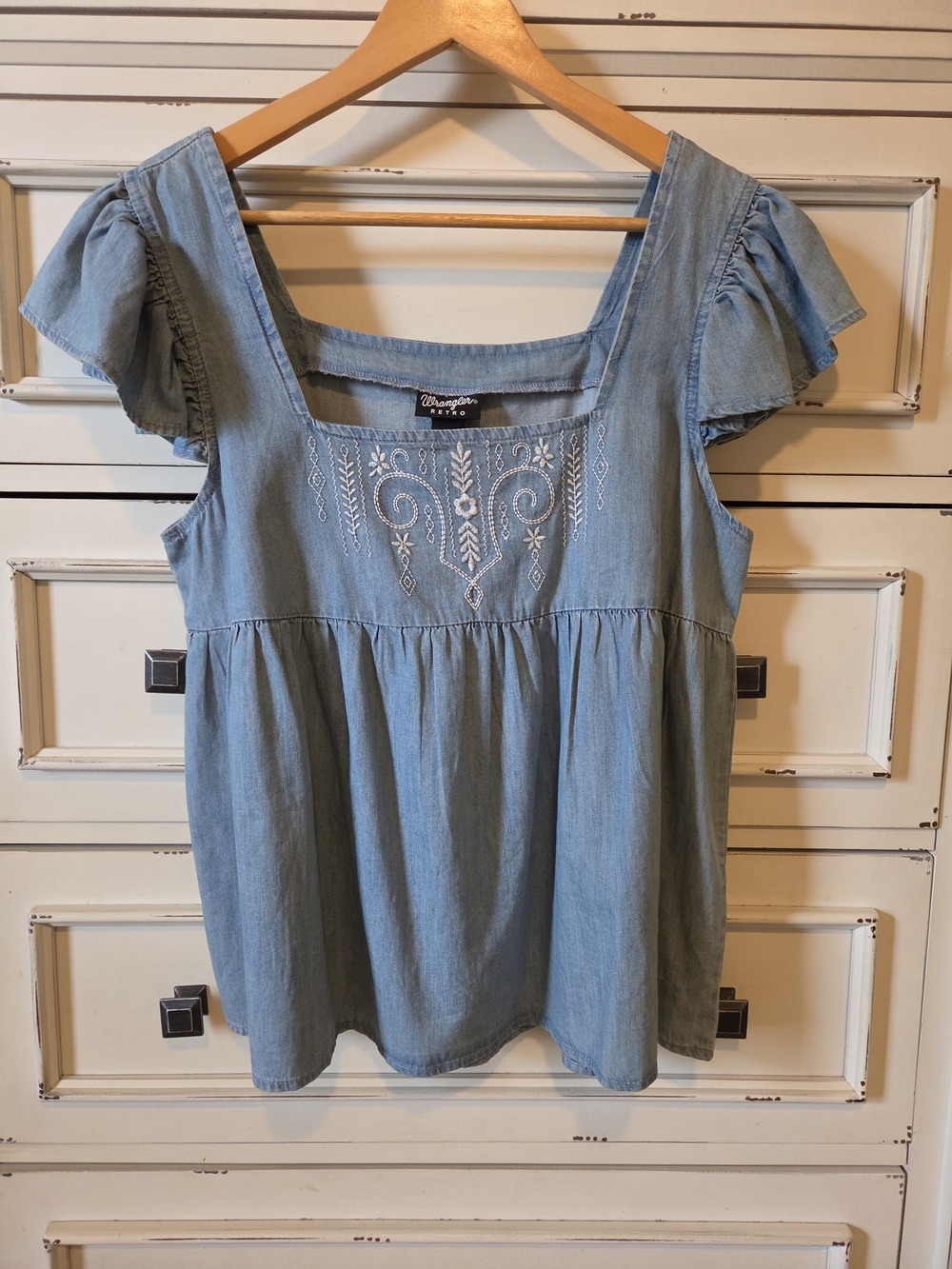 Wrangler Light Blue Chambray Square-Neck Embroidered Top